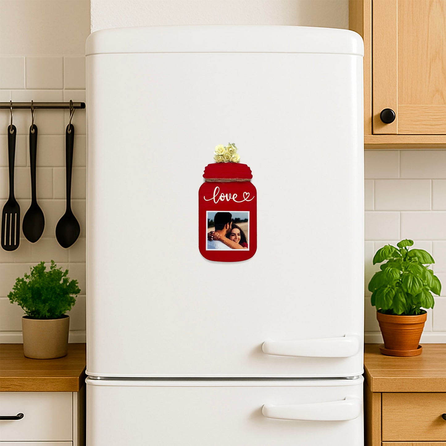 Love Hand-Painted Wooden Jar Fridge Magnet With Photo - Red