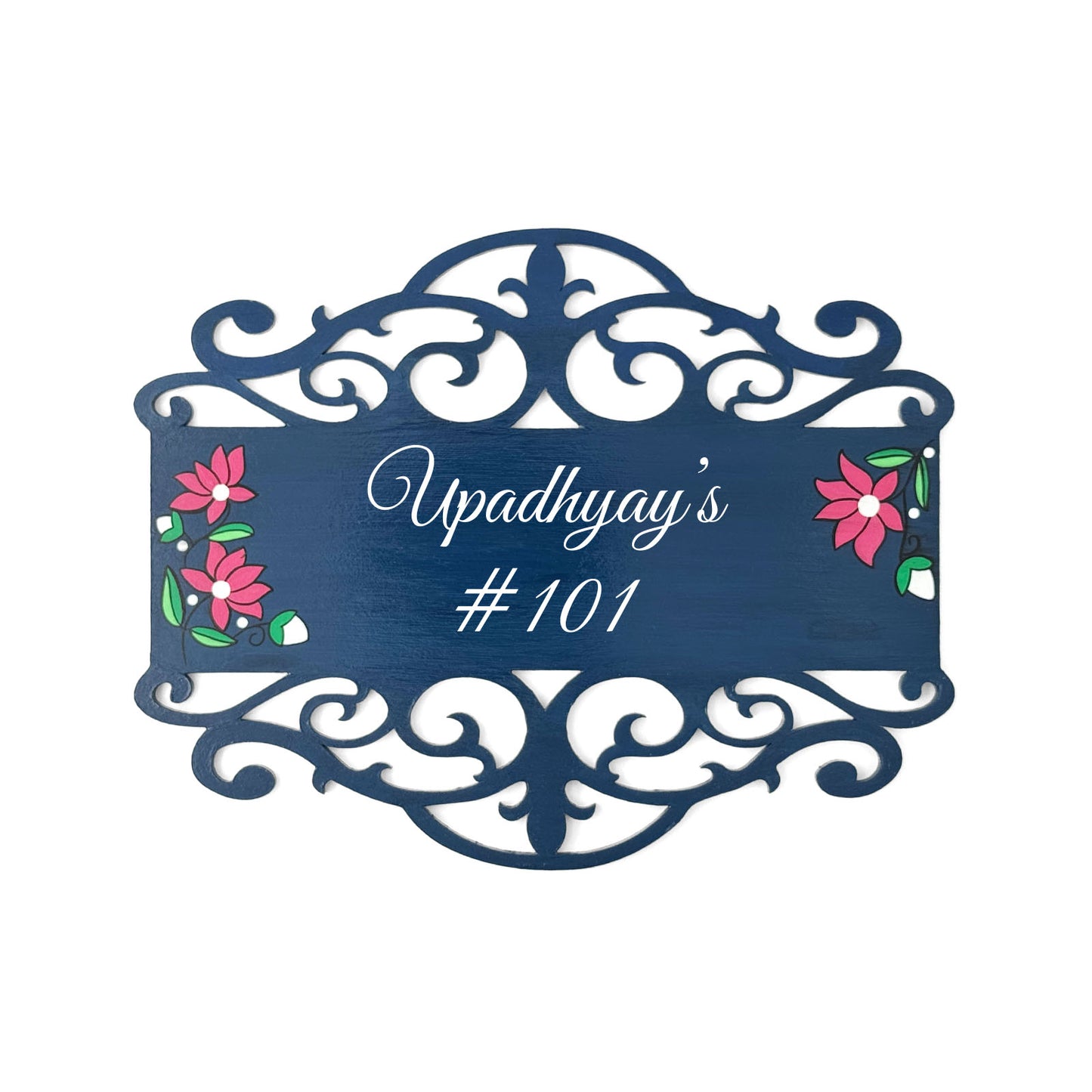 Lotus Artwork Hand-Painted Wooden Madhubani Name Plate For Home