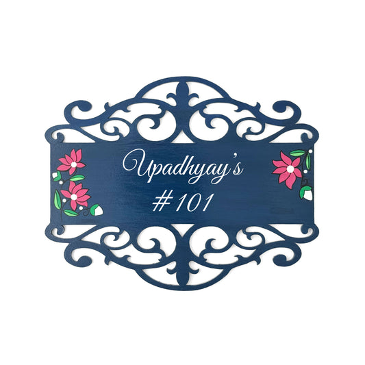 Lotus Artwork Hand-Painted Wooden Madhubani Name Plate For Home