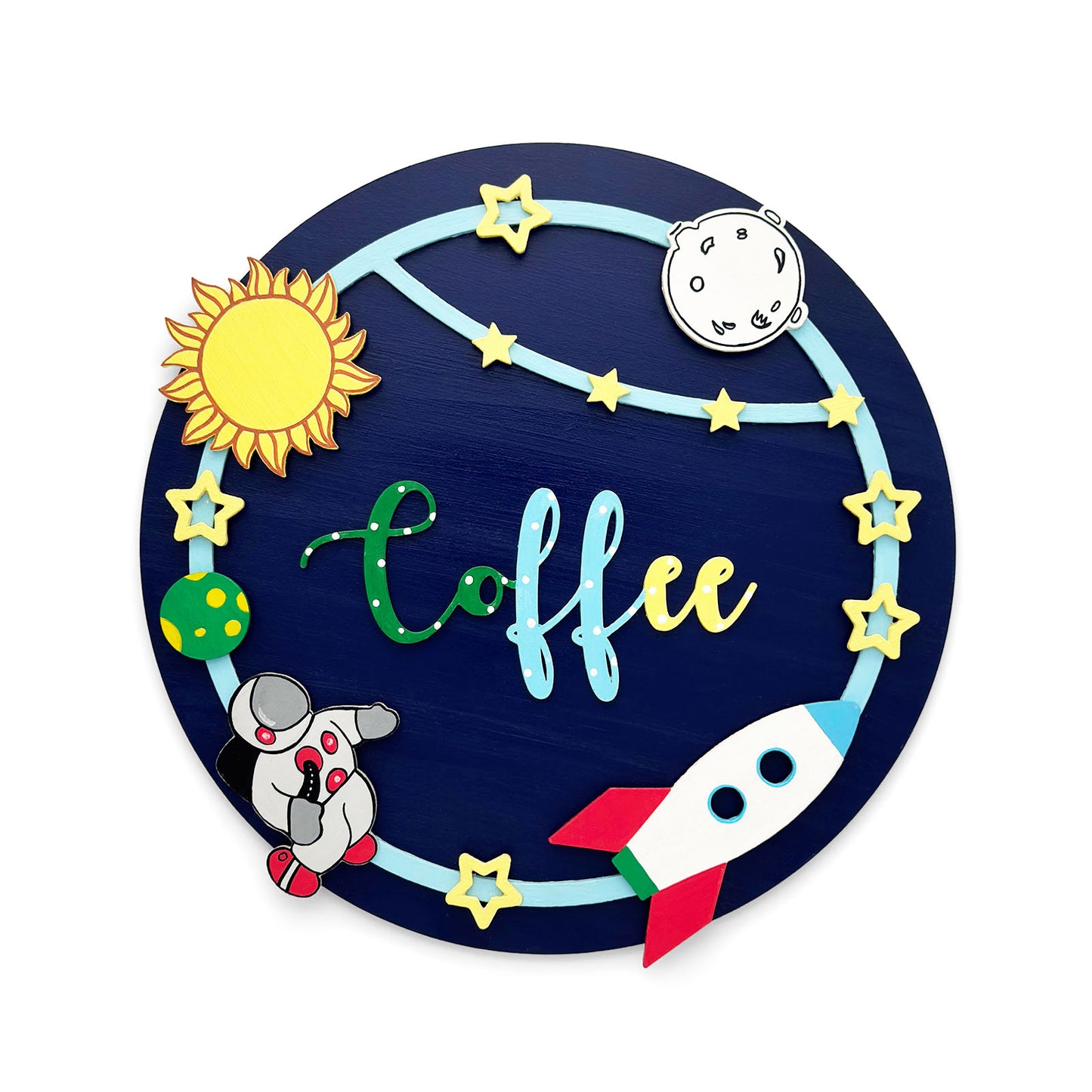 Space Themed Hand-Painted Wooden Round Kids Name Plate - Design 2