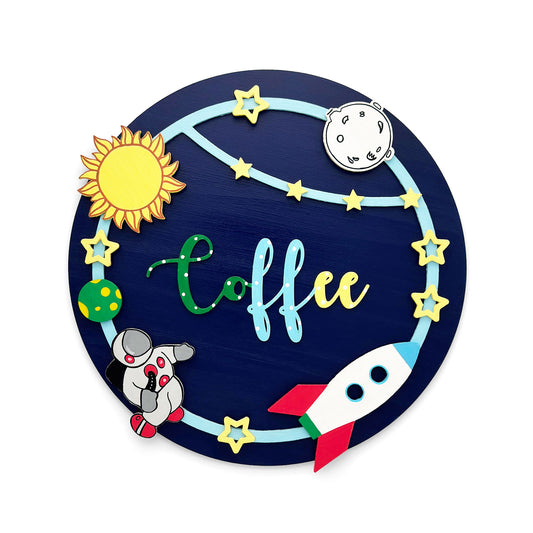 Space Themed Hand-Painted Wooden Round Kids Name Plate - Design 2