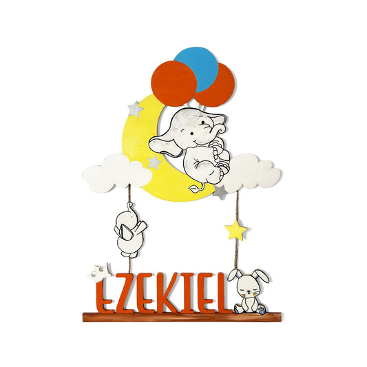 Elephant Themed Hand-Painted Wooden Kids Name Plate