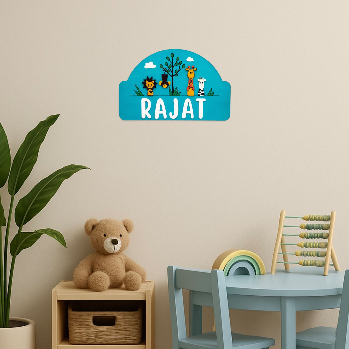 Animal Themed Hand-Painted Wooden Kids Name Plate - Blue