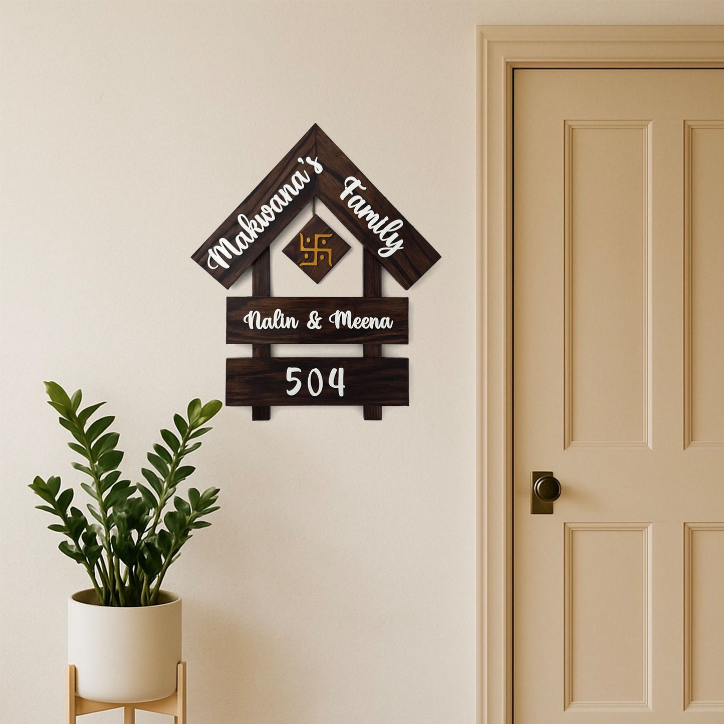 House With Roof And Double Plank Hand-Painted Wooden Hut-Shaped Name Plate For Home - Wooden Finish