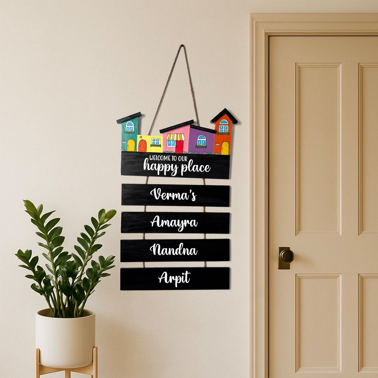 Hut-Shaped Hand-Painted Wooden Name Plate For Home - Hut Board & Four Planks Design 1