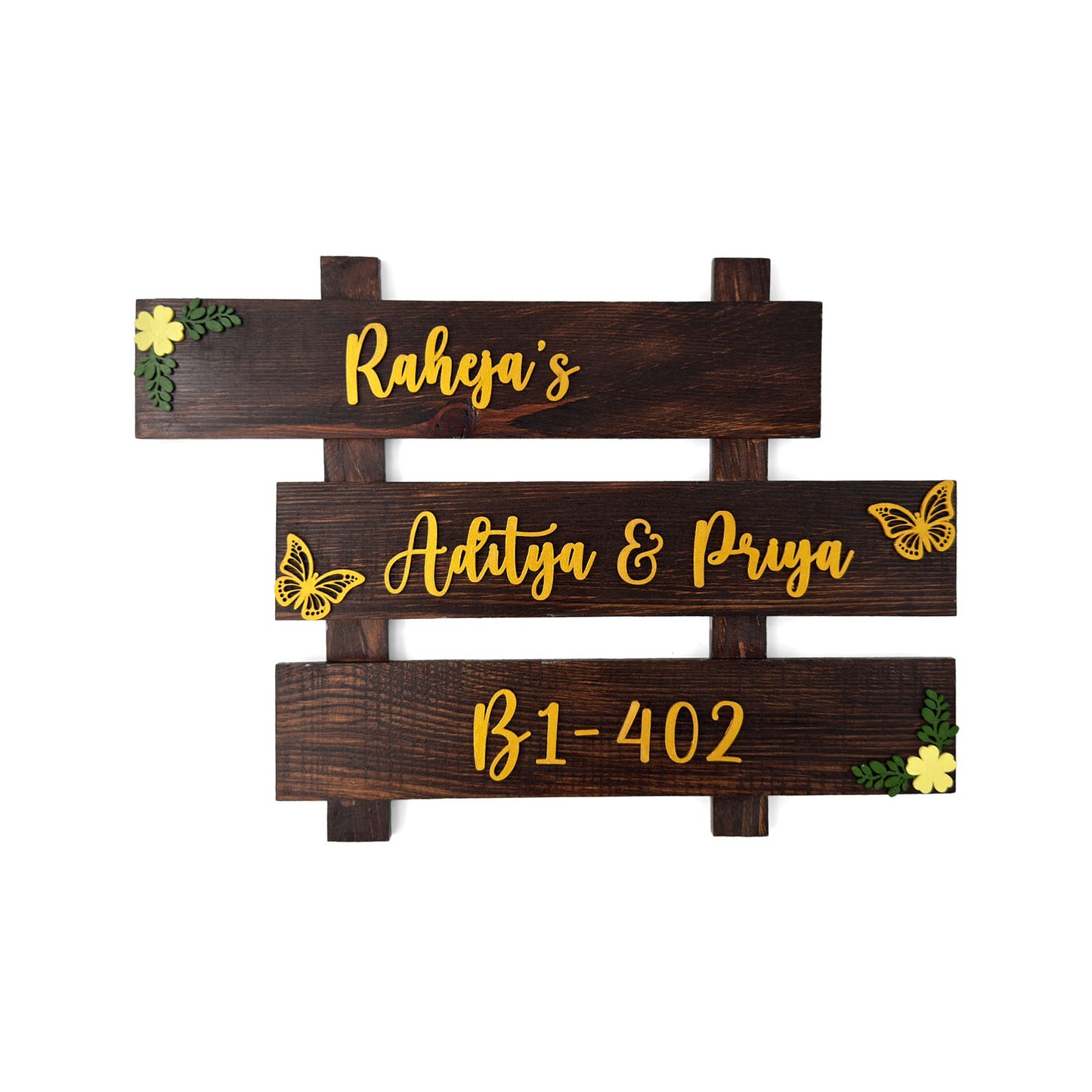 Butterfly & Flower Themed Hand-Painted Wooden Three Plank Name Plate For Home - Wooden Finish