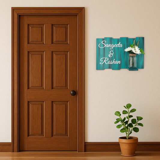 Teal Hand-Painted Wooden Name Plate With Jar For Home - Design 2