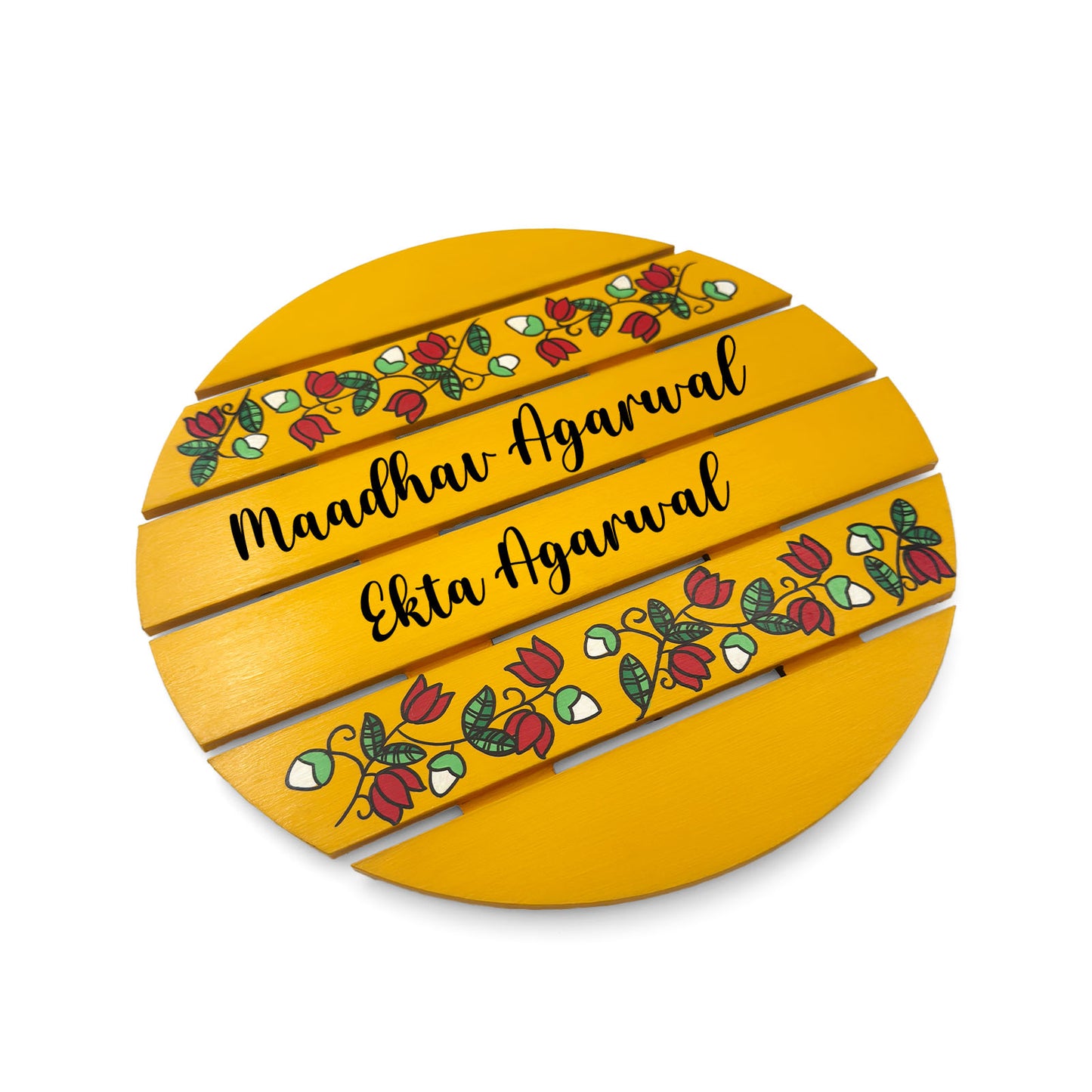 Lotus Creeper Artwork Hand-Painted Wooden Madhubani Round Name Plate For Home