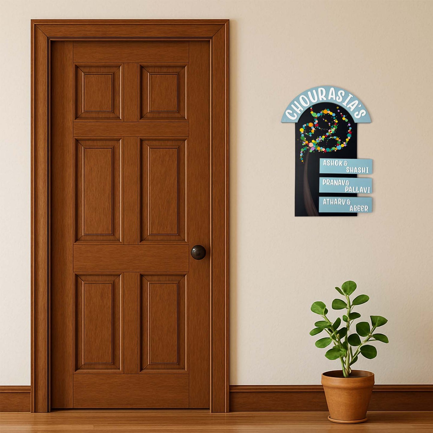 Tree Themed Hand-Painted Wooden Hut-Shaped Name Plate For Home