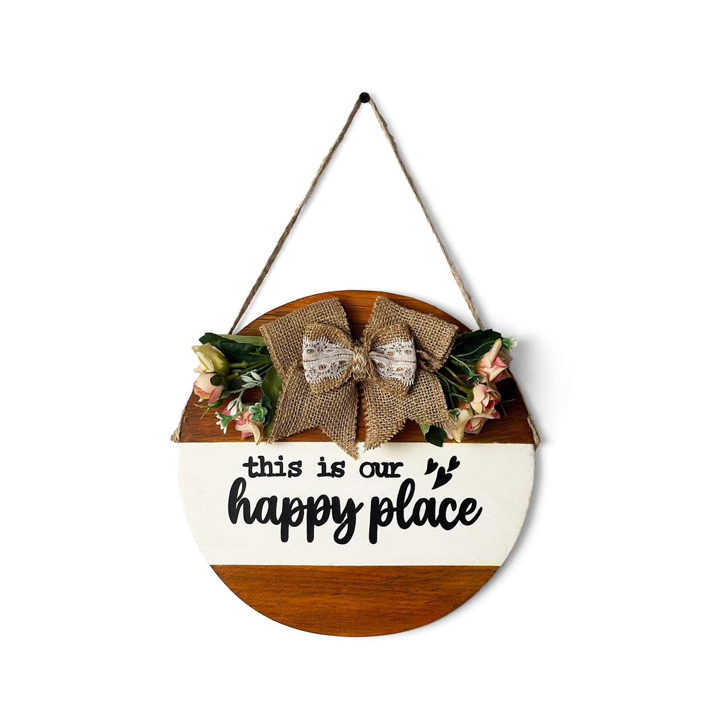 This Is Our Happy Place Hand-Painted Wooden Door Hanger - White & Wooden Finish