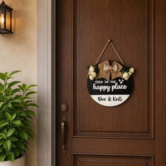 Personalised This Is Our Happy Place Hand-Painted Wooden Door Hanger - Black, White, & Wooden Finish