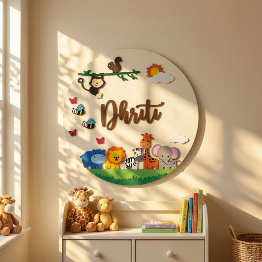 Animal Themed Hand-Painted Wooden Round Kids Name Plate - Design 4