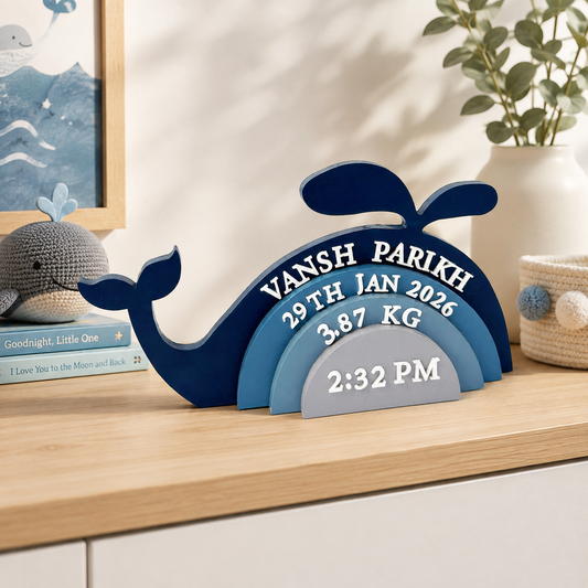Whale Themed Hand-Painted Wooden Personalised Baby Birth Details Name Plate