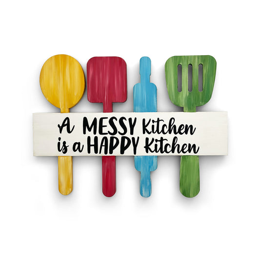 A Messy Kitchen Is A Happy Kitchen Hand-Painted Wooden Utensil Board Kitchen Wall Hanging - Multicolor