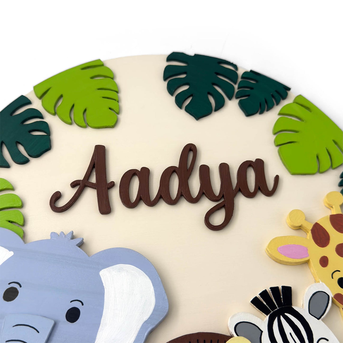 Animal Themed Hand-Painted Wooden Round Kids Name Plate - Design 6