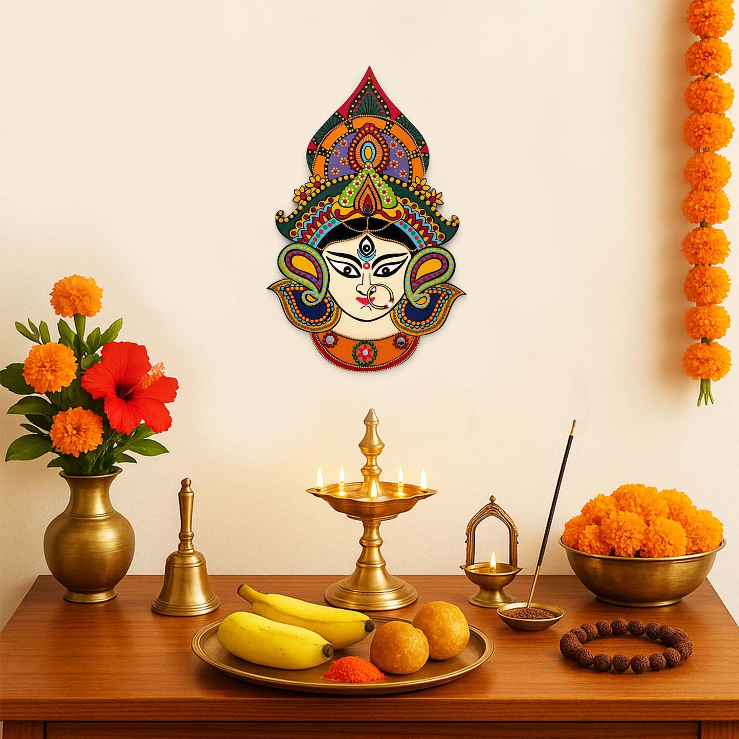 Durga Ma Hand-Painted Wooden Wall Hanging