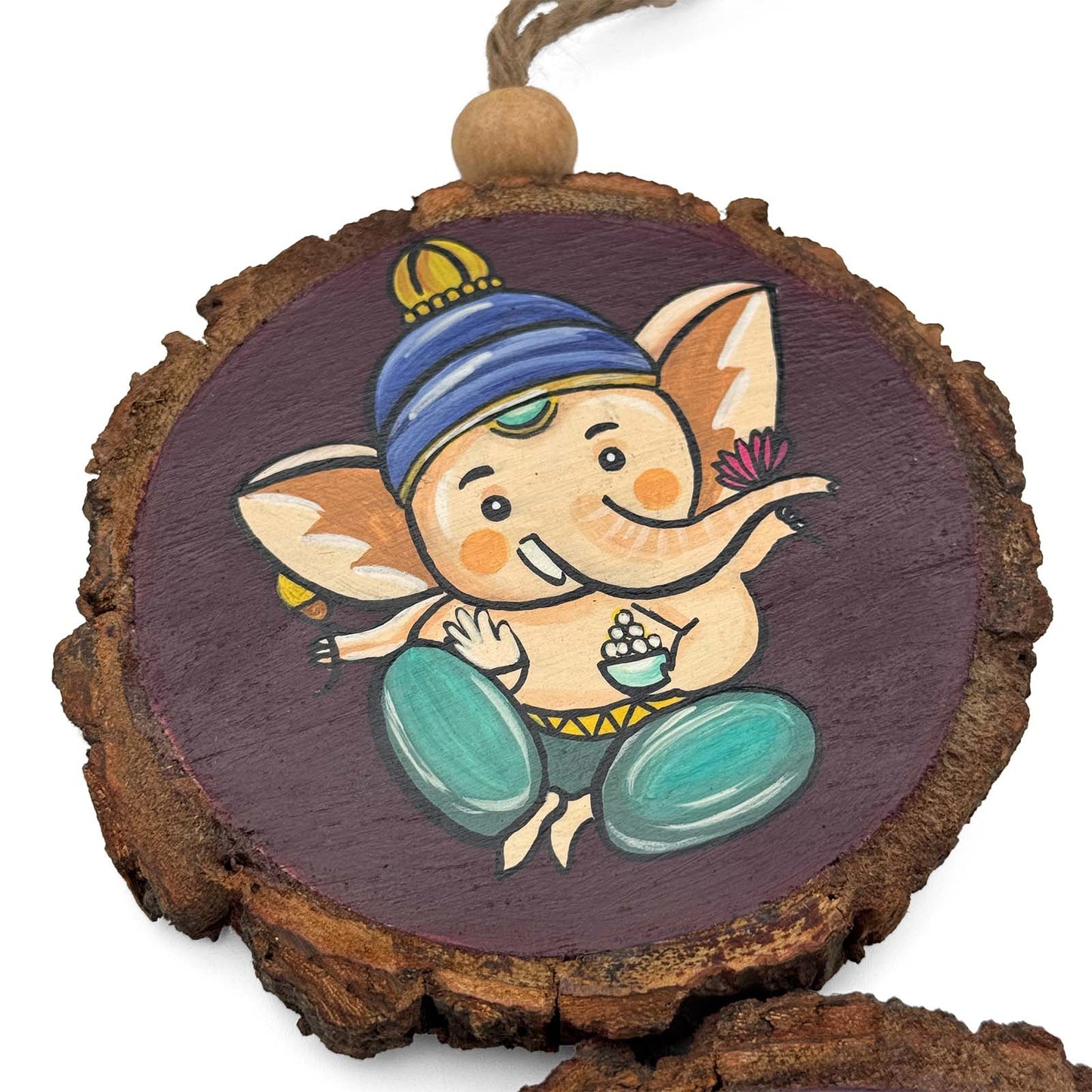 Ganesha Bless This Home Hand-Painted Wooden Log Wall Hanging - Brown