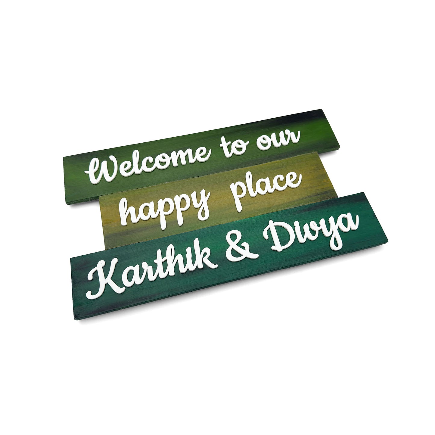 Hand-Painted Wooden Three Plank Name Plate For Home - Green