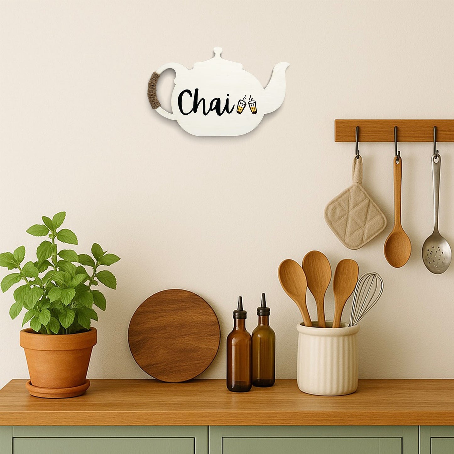 Chai Hand-Painted Wooden Kettle Kitchen Wall Hanging - White