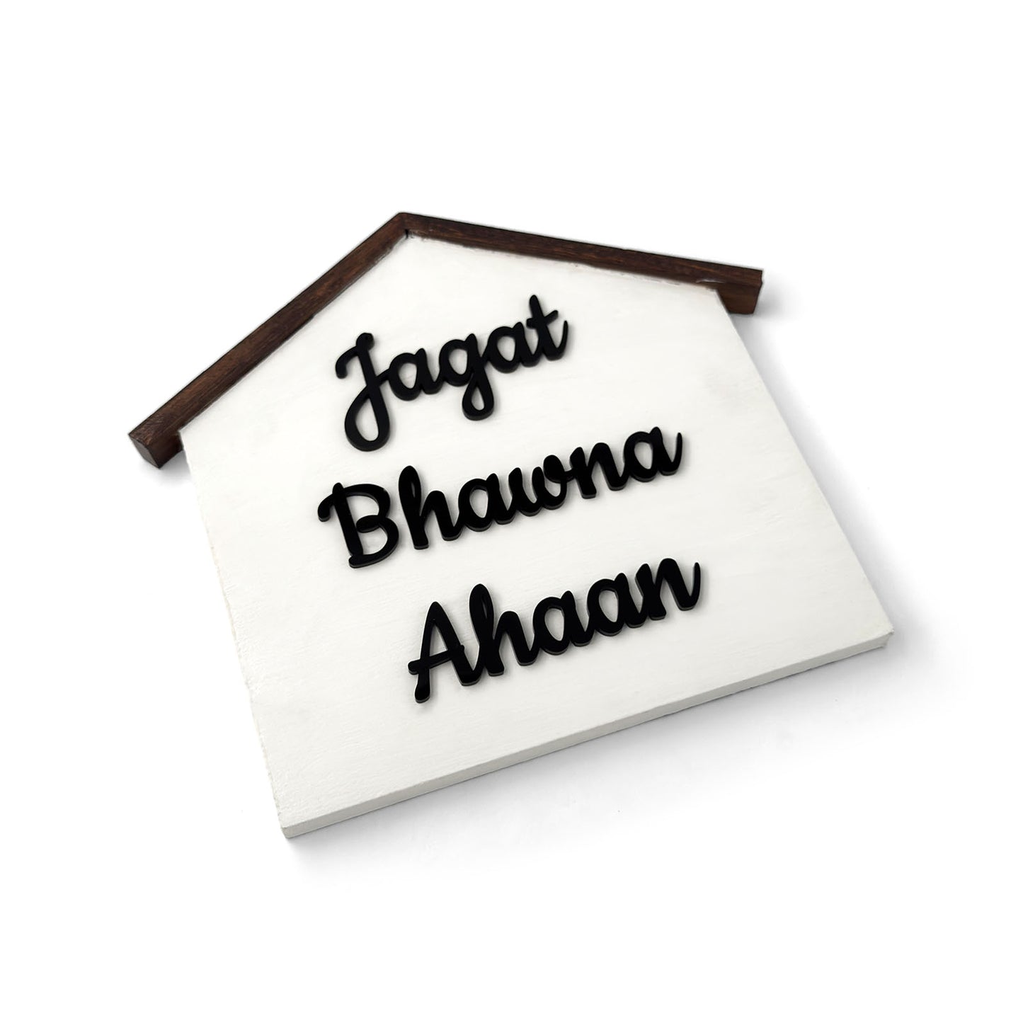 Hut Shaped Hand-Painted Wooden Name Plate For Home - White