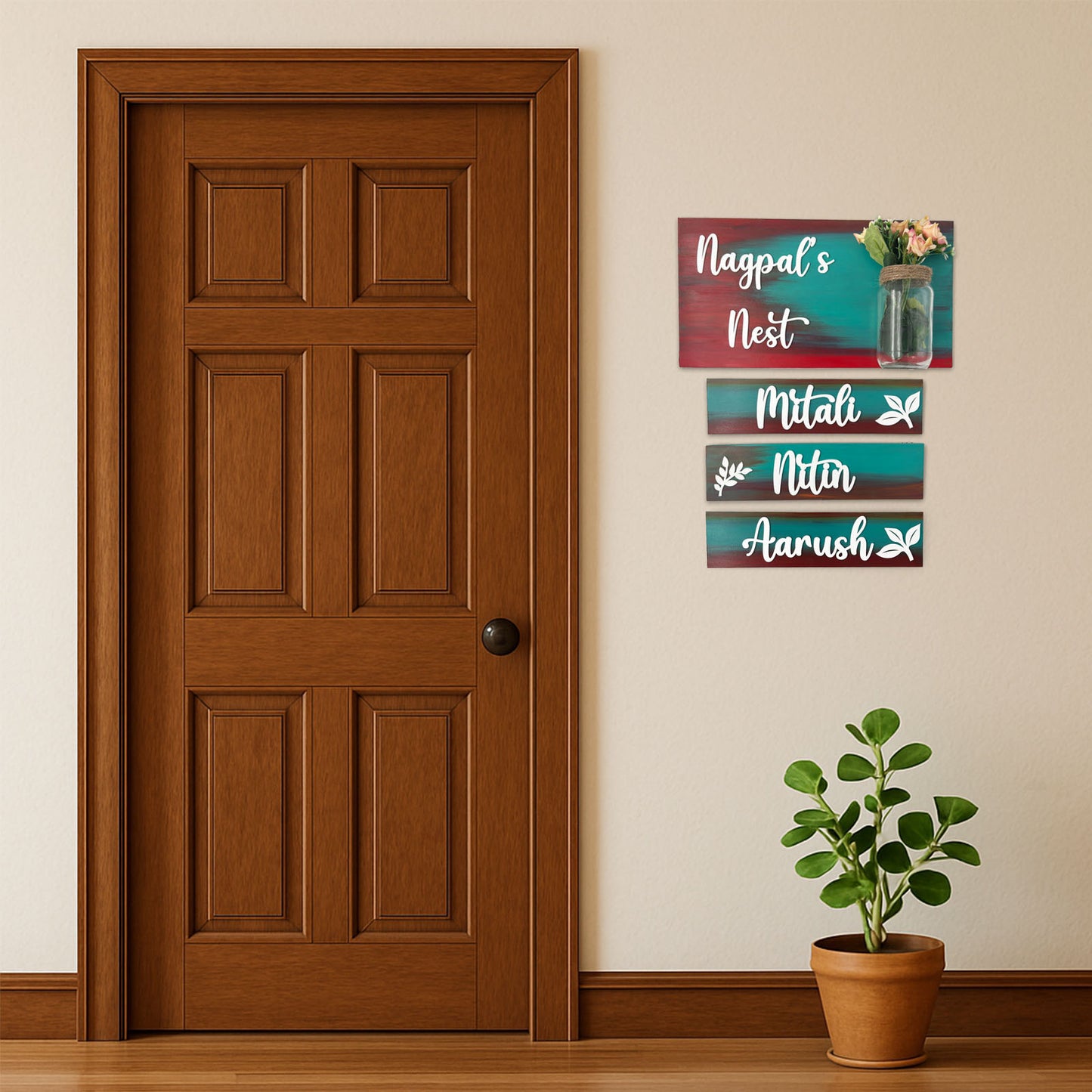 Hand-Painted Wooden Name Plate With Jar For Home - Jar Board & Three Planks