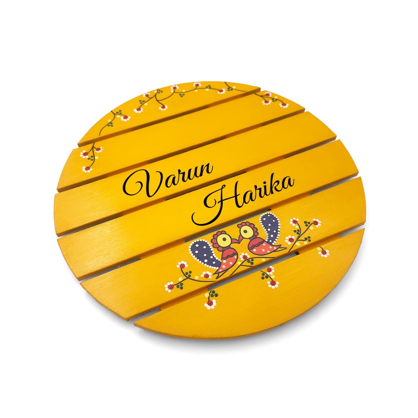 Peacock Artwork Hand-Painted Wooden Madhubani Round Name Plate For Home