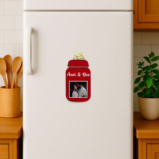 Personalised Hand-Painted Wooden Jar Fridge Magnet With Photo - Red