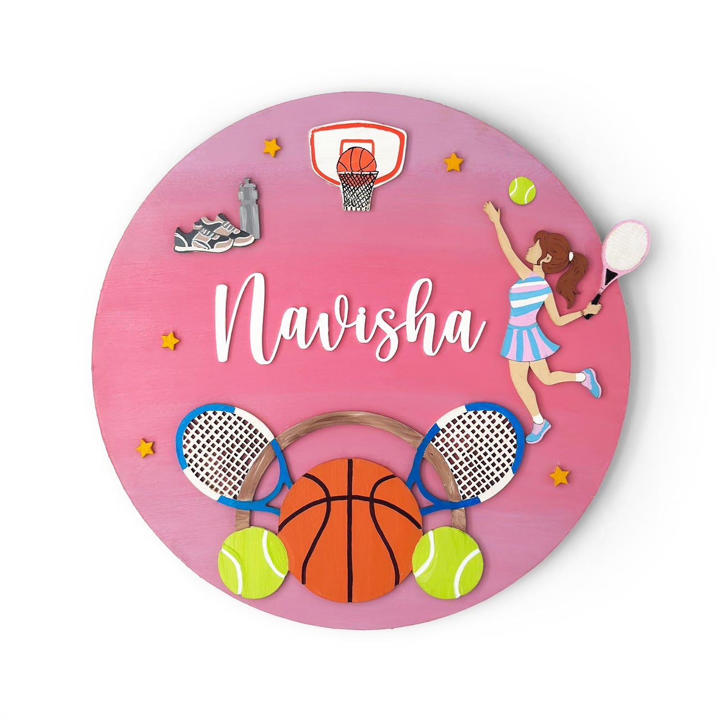 Tennis & Basketball Themed Hand-Painted Wooden Round Kids Name Plate