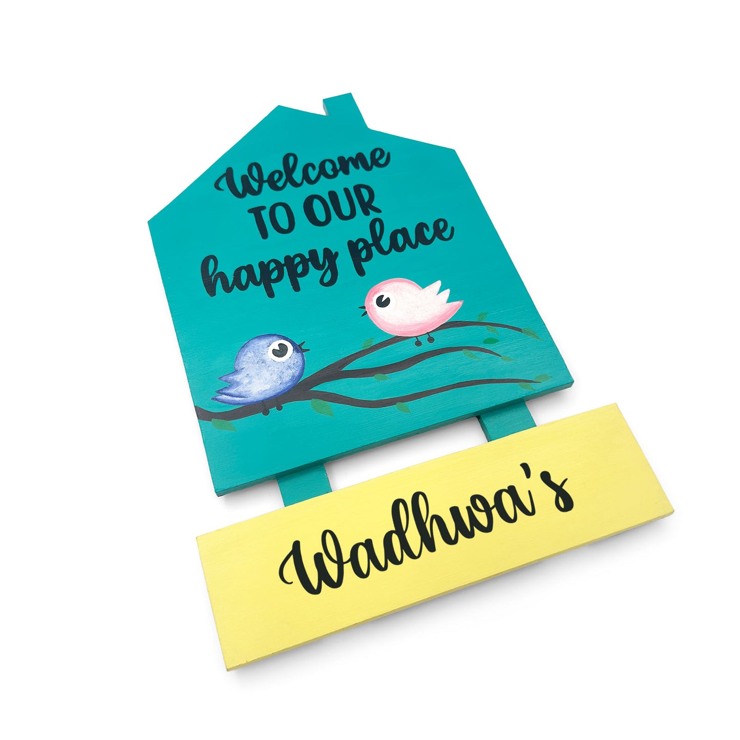 Birds Themed Hut-Shaped Hand-Painted Wooden Name Plate For Home - Hut & One Plank