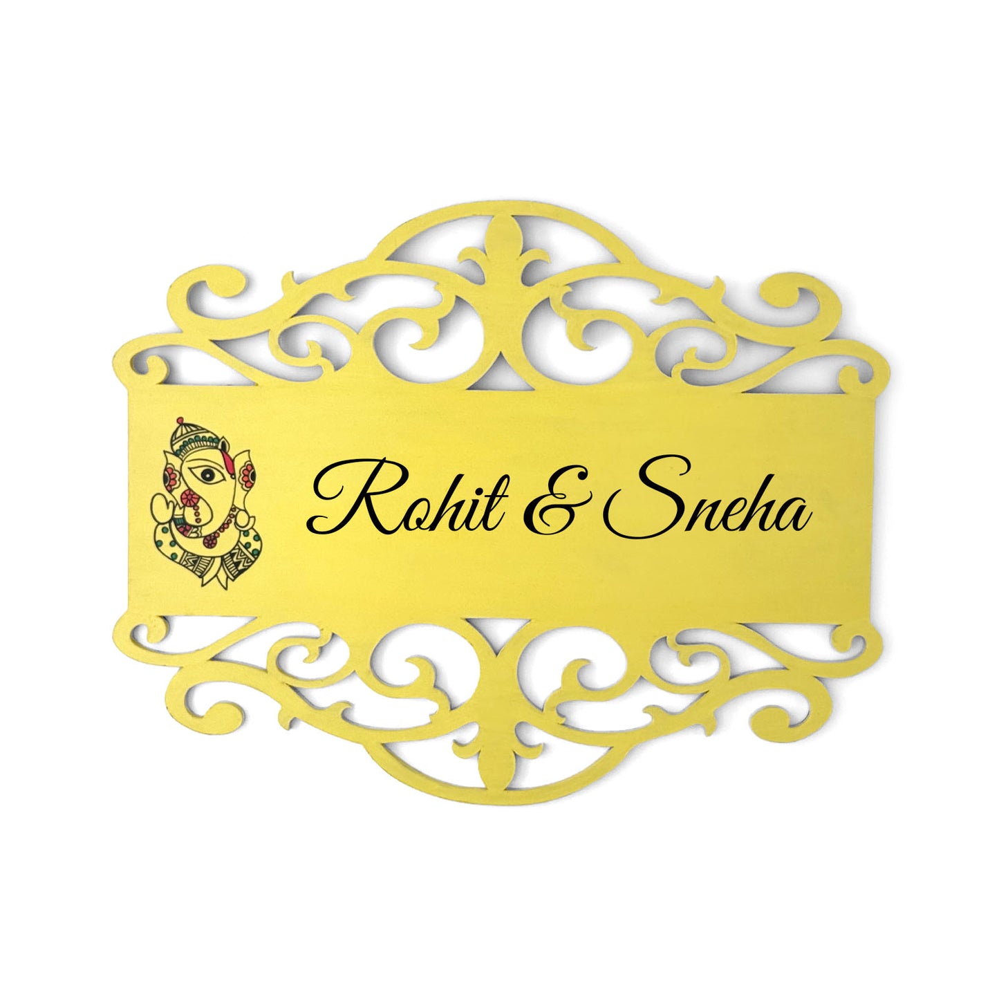 Ganesha Artwork Hand-Painted Wooden Madhubani Name Plate For Home