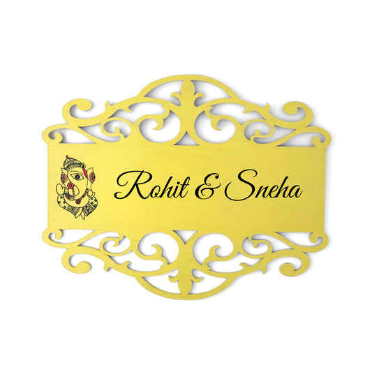Ganesha Artwork Hand-Painted Wooden Madhubani Name Plate For Home