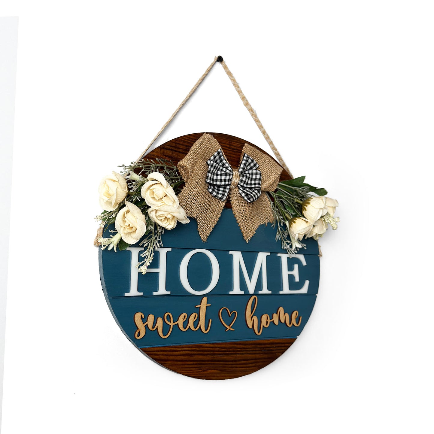 Home Sweet Home Hand-Painted Wooden Door Hanger - Blue & Wooden Finish