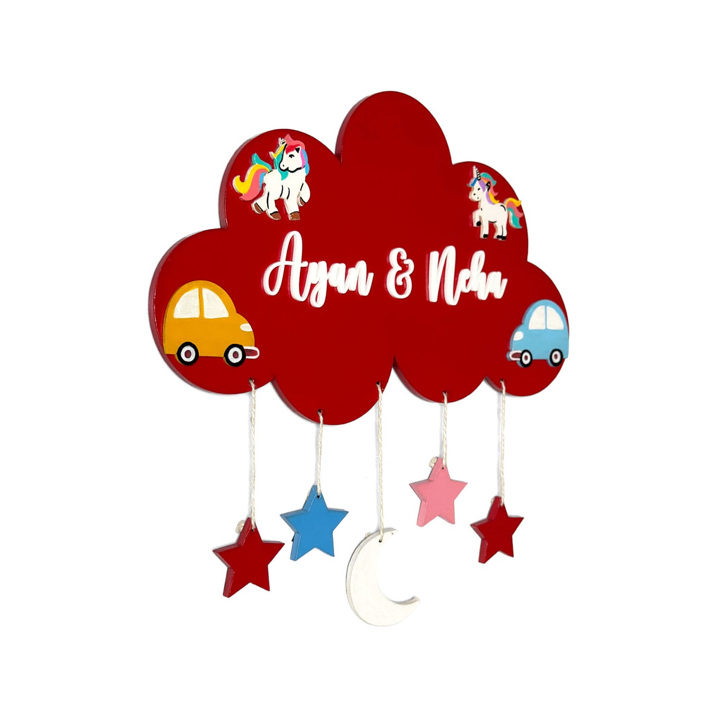 Cloud, Unicorn, & Car Themed Hand-Painted Wooden Kids Name Plate