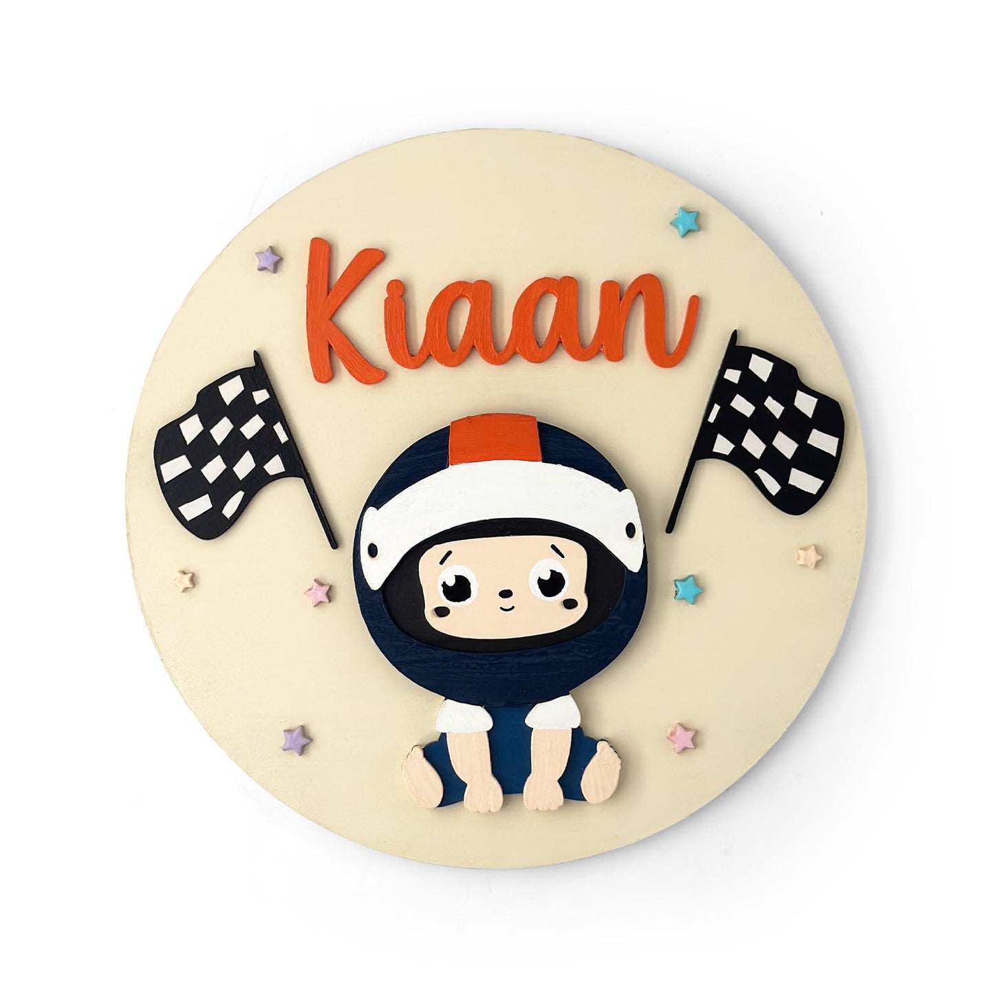 Little Car Racer Themed Hand-Painted Wooden Round Kids Name Plate - Design 1