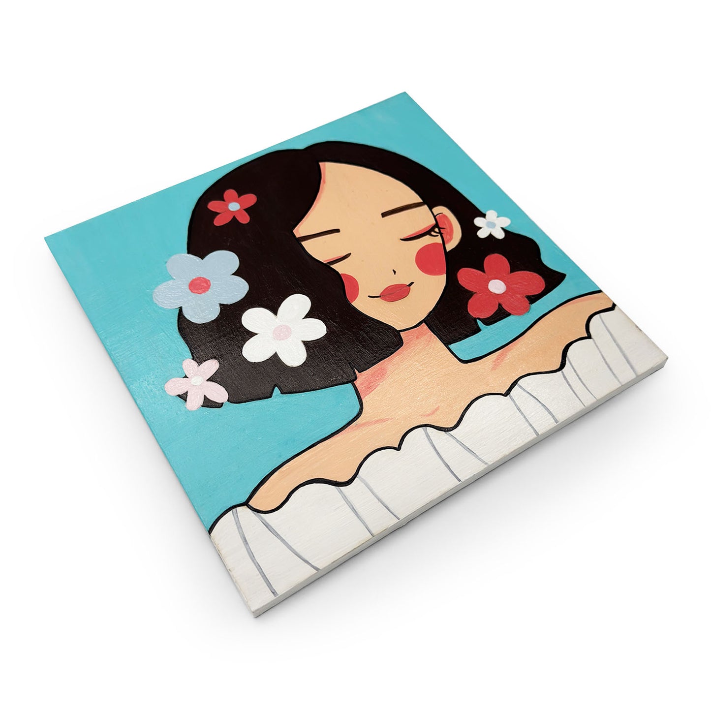 Girl With Flowers Hand-Painted Wooden Wall Hanging