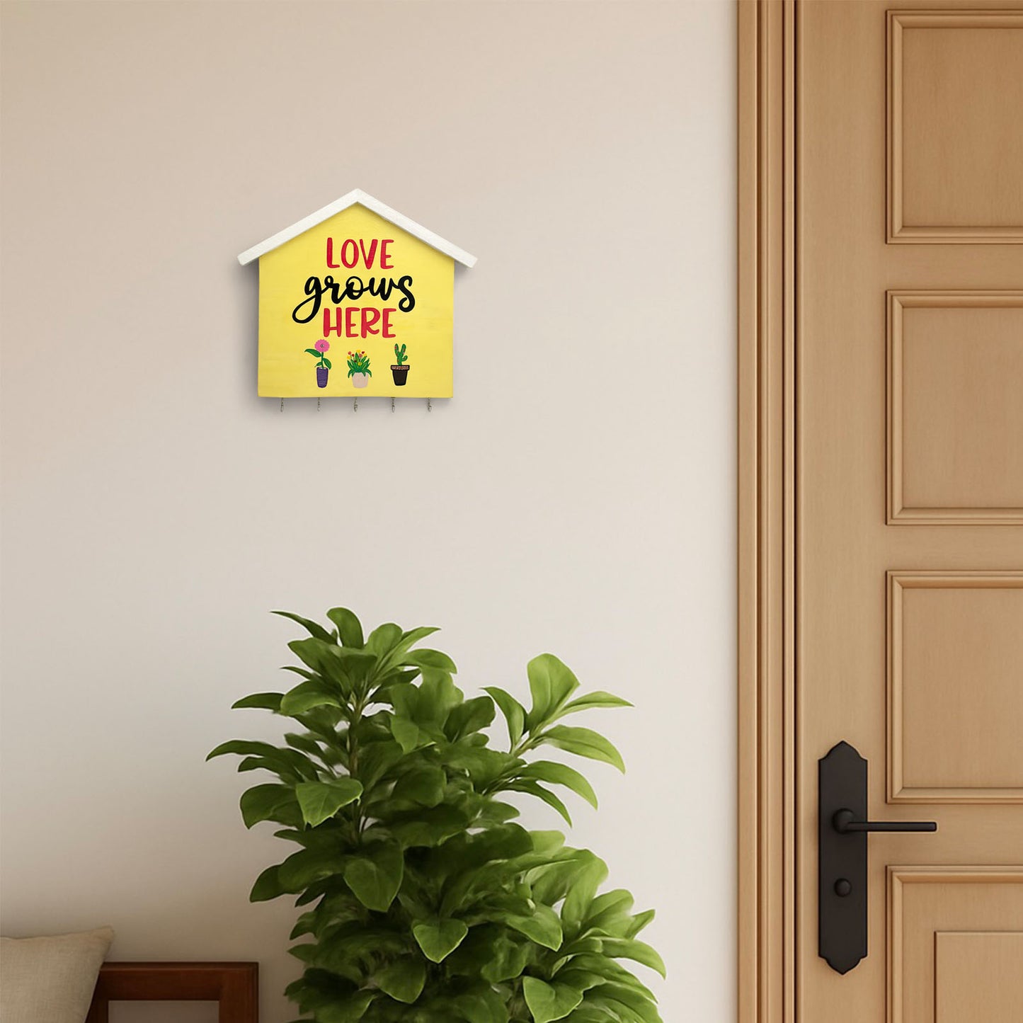 Hand-Painted Wooden Hut Key Holder - Love Grows Here