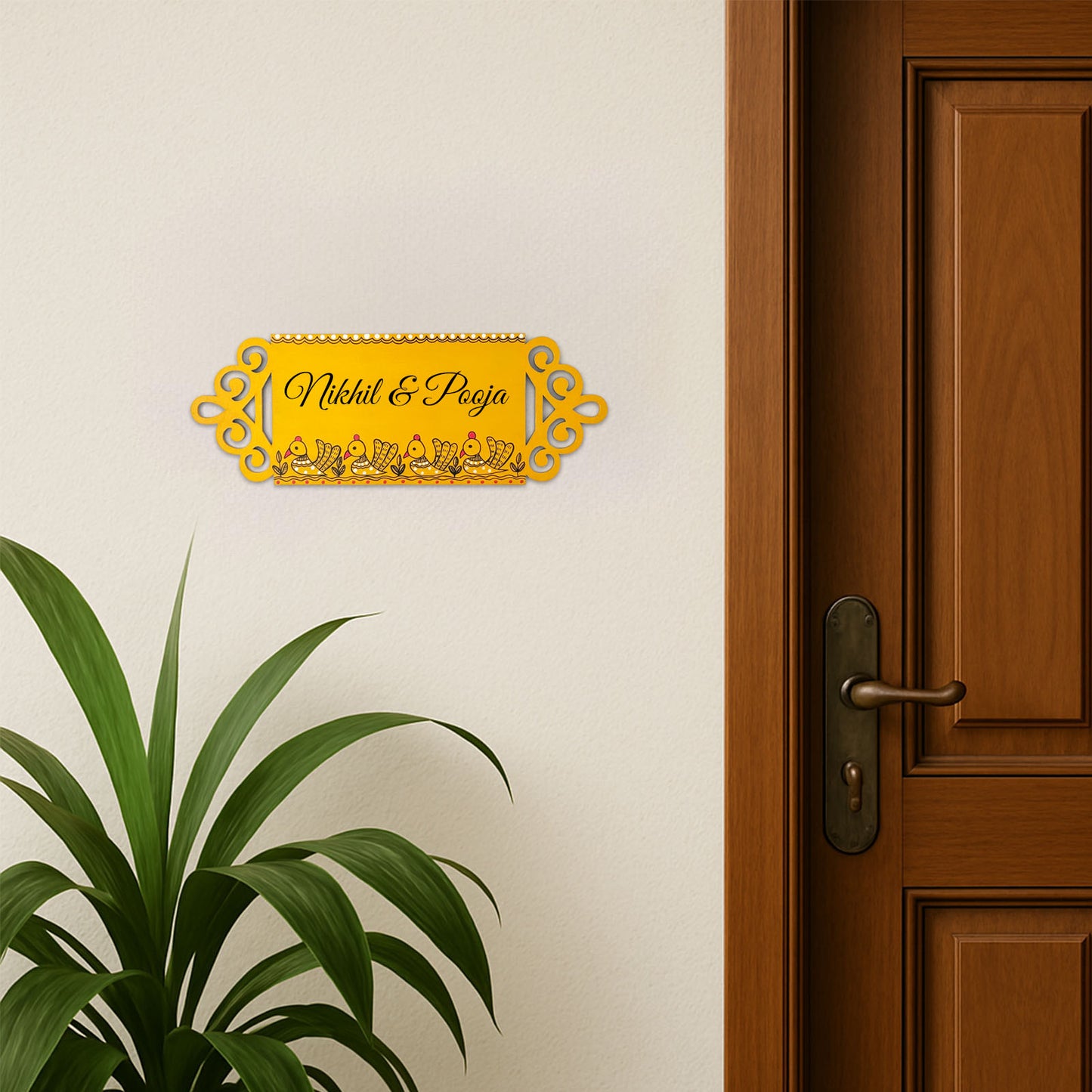 Peacock Artwork Hand-Painted Wooden Madhubani Name Plate For Home