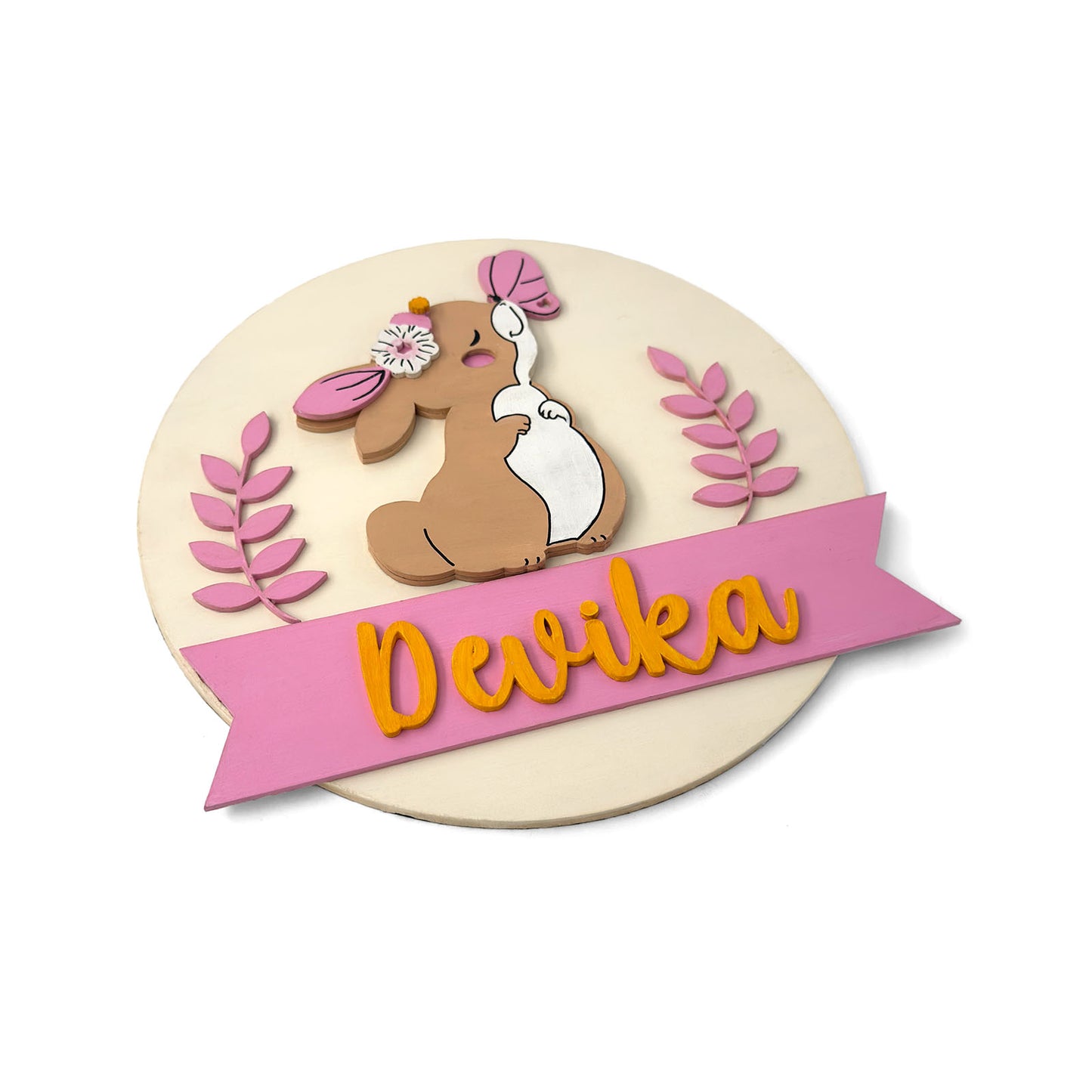Rabbit Themed Hand-Painted Wooden Round Kids Name Plate - Design 1