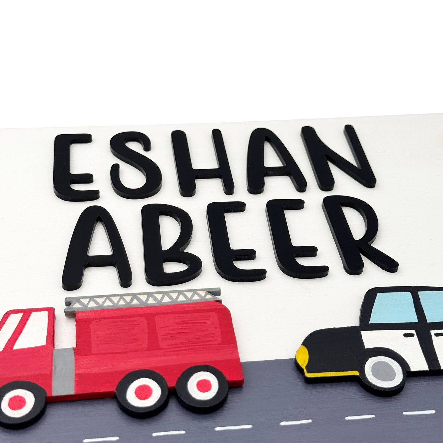 Vehicles Themed Hand-Painted Wooden Kids Name Plate - White