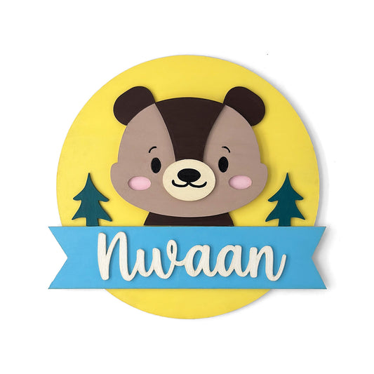 Bear Themed Hand-Painted Wooden Round Kids Name Plate - Design 2