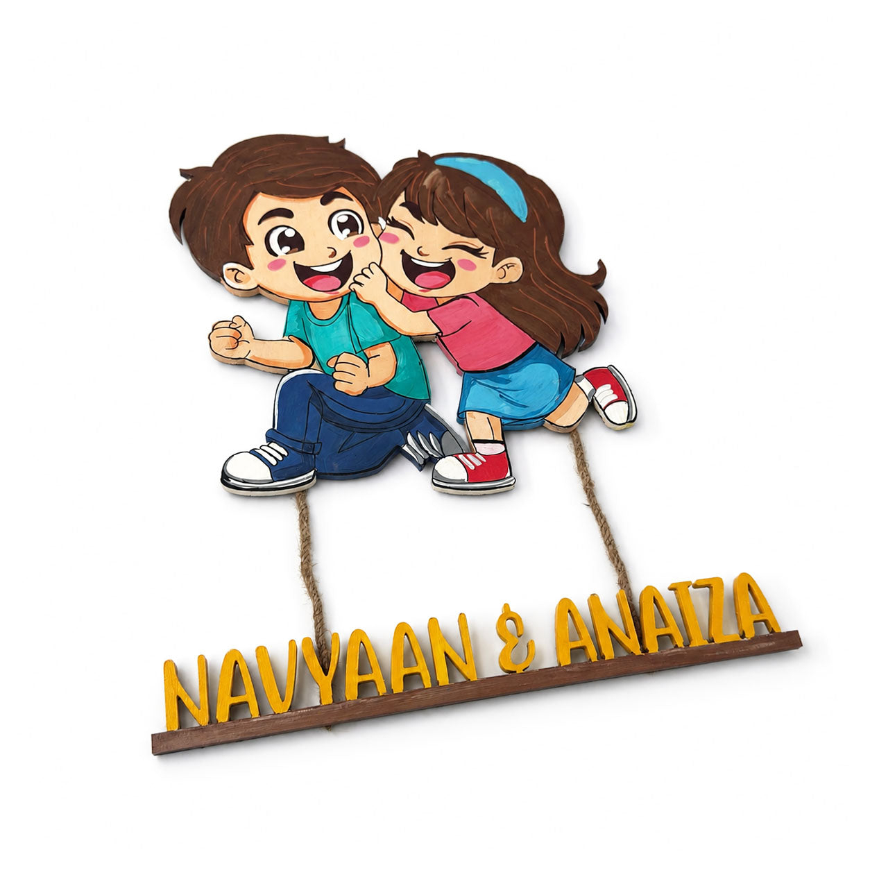 Siblings Brother Sister Themed Hand-Painted Wooden Kids Name Plate - Design 1
