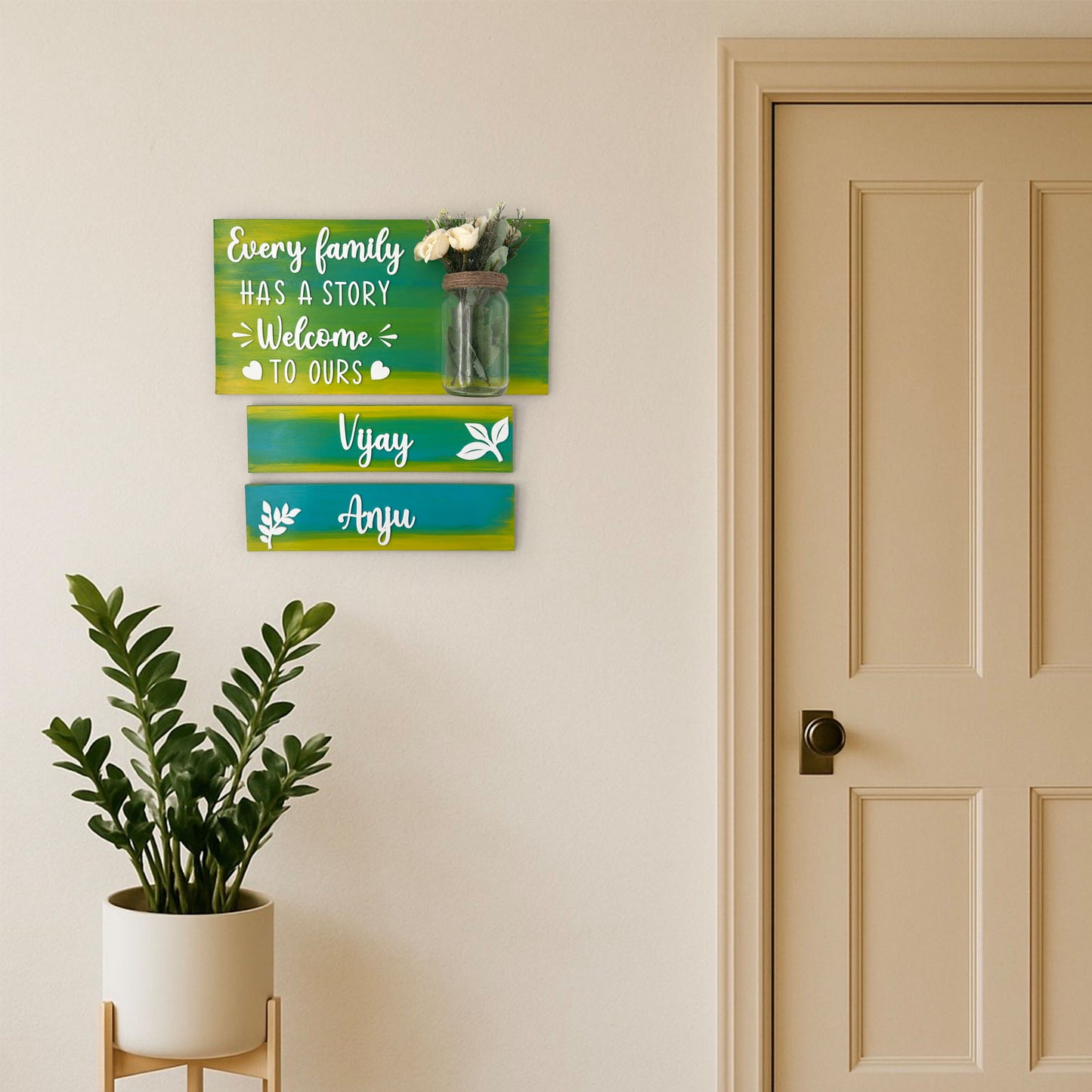 Every Family Has A Story Welcome To Ours Hand-Painted Wooden Name Plate With Jar For Home - Jar Board & Two Planks