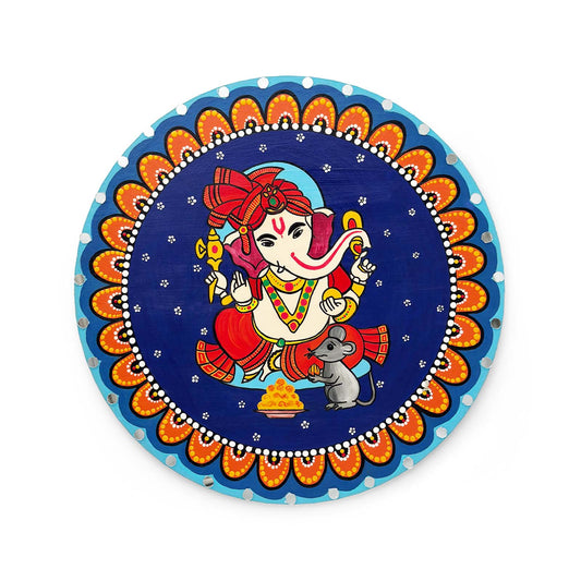 Ganesha Hand-Painted Wooden Mandala Wall Hanging  - Blue