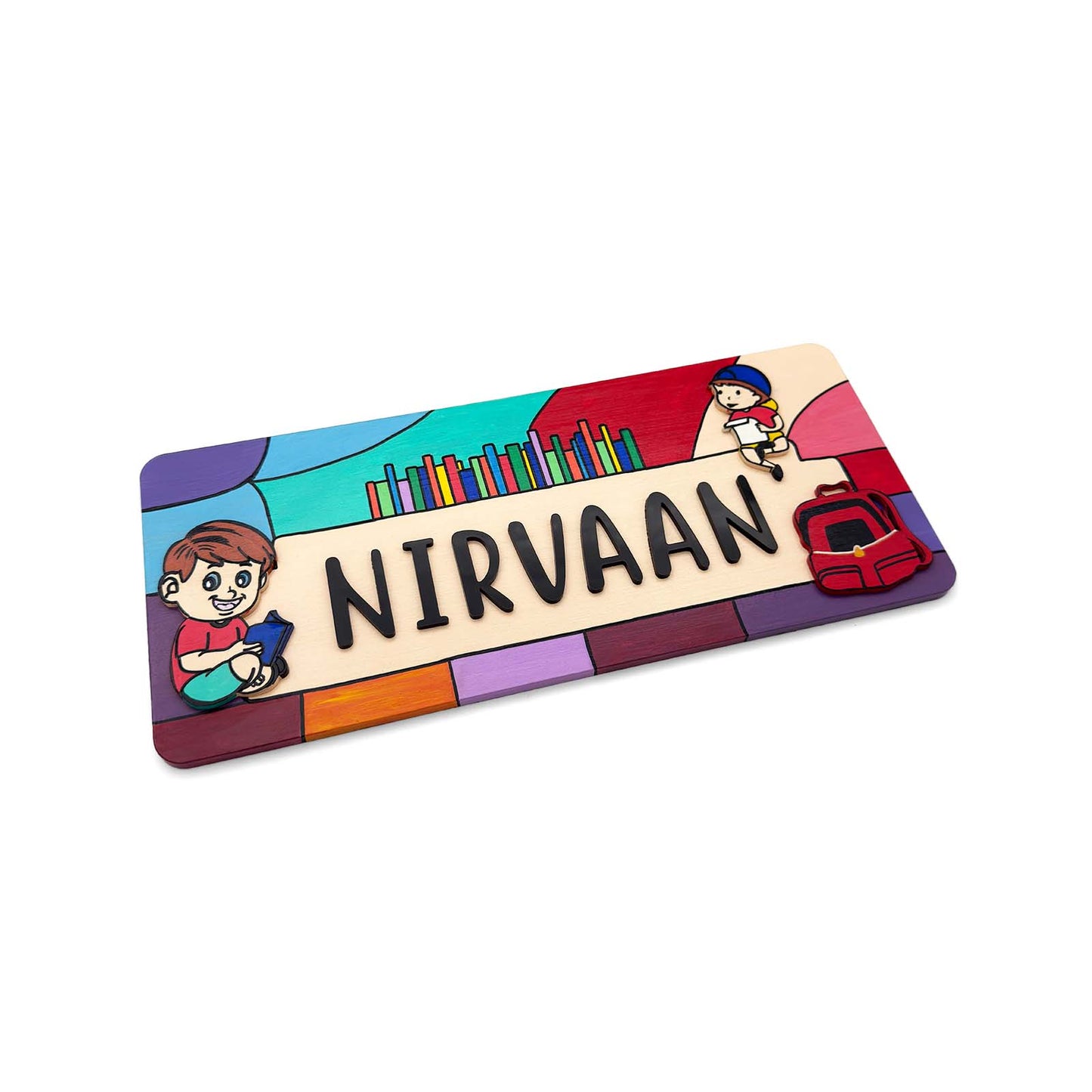 Boy Reading Book Hand-Painted Wooden Kids Name Plate