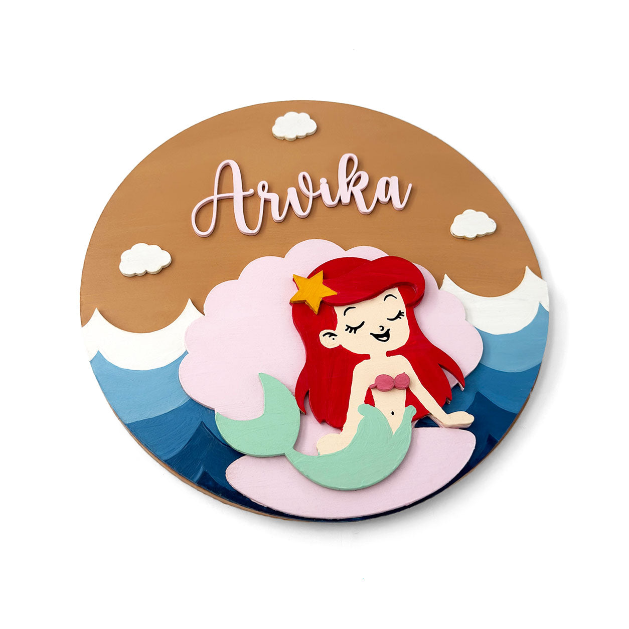 Mermaid Themed Hand-Painted Wooden Round Kids Name Plate - Design 2