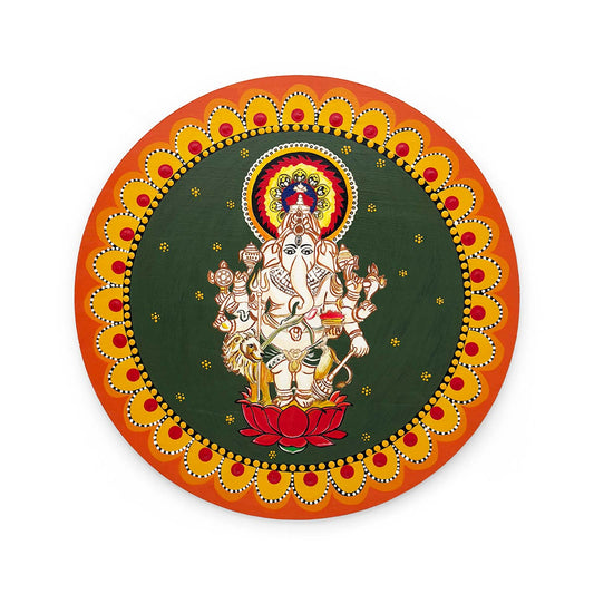 Ganpati Ji Hand-Painted Wooden Mandala Wall Hanging - Green