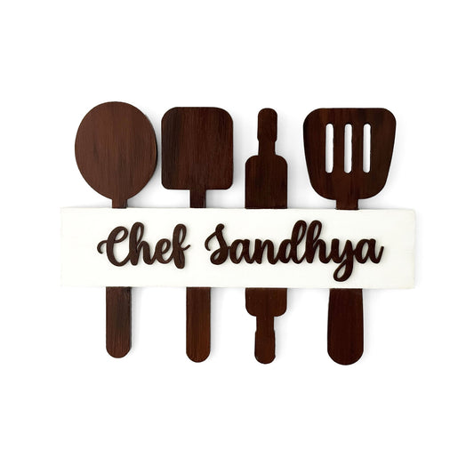 Personalised Name Hand-Painted Wooden Utensil Board Kitchen Wall Hanging - Brown