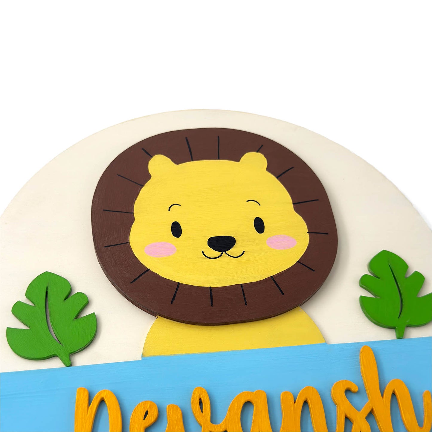 Lion Themed Hand-Painted Wooden Round Kids Name Plate - Design 1