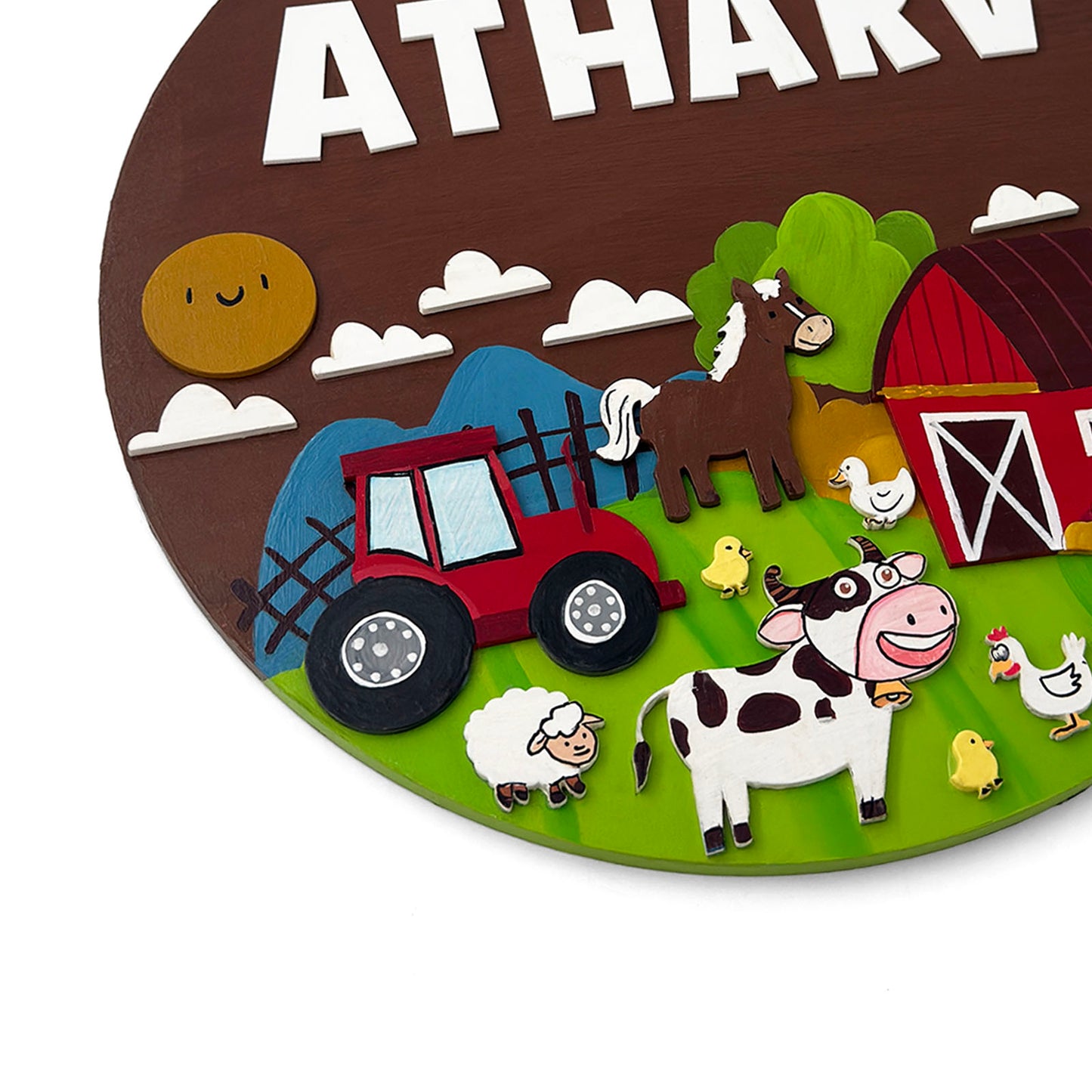 Farm Animals Themed Hand-Painted Wooden Round Kids Name Plate - Design 1