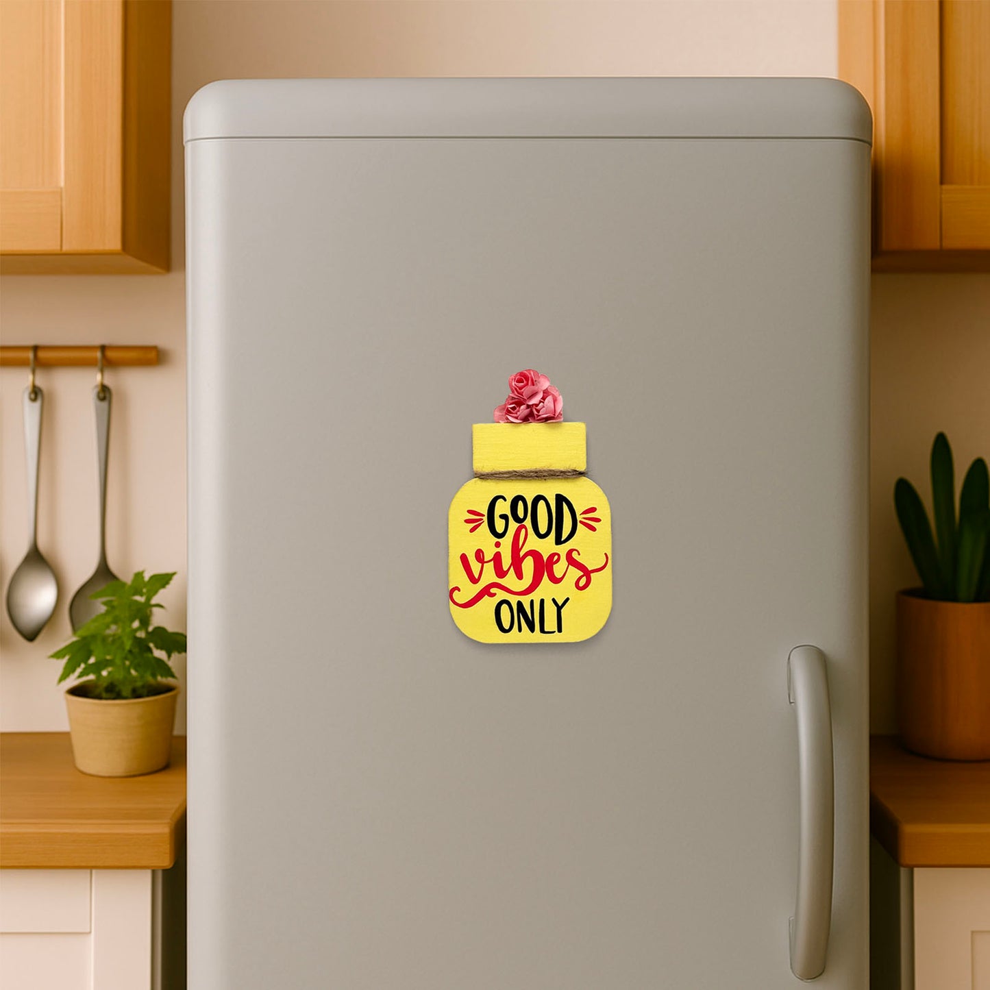 Good Vibes Only Hand-Painted Wooden Mason Jar Fridge Magnet - Yellow